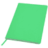 A bright green Koano Notebook with a smooth cover and a ribbon bookmark. It features a logo on the front.