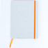 A light grey notebook with an orange elastic band and a matching ribbon bookmark. It features a subtle dotted pattern.