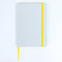 A grey notebook with a yellow elastic band and ribbon bookmark. It features a dotted interior design.