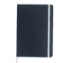 A dark navy notebook with a white elastic band, featuring a smooth cover and bookmark ribbon.