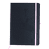 A dark blue notebook with a pink elastic band and bookmark, featuring a simple design and smooth cover.