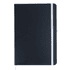 A dark navy notebook with a white elastic band closure and a ribbon marker. It features a logo on the cover.