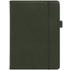 A dark green notebook with a lined design on the front cover and an elastic band closure.