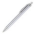 A metal pen with a shiny silver barrel and chrome accents, featuring a clip and a smooth writing tip.
