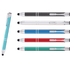 A set of stylus pens in blue, black, silver, red, green, and blue, featuring chrome accents. Each pen has a stylus tip.