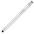 A stylus pen in silver with a smooth finish and a black tip, featuring a simplistic design and branding.