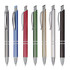 A collection of seven metal pens in blue, red, green, gold, silver, and black, featuring a branding logo on each.