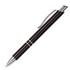 A black metal pen with shiny silver accents and a clip, featuring a sleek and elegant design.
