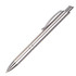A metal pen in silver with a sleek design and a clip for easy attachment. It features a logo.