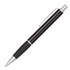 A metal pen in black with silver accents and a textured grip, featuring a clip and a branded logo.