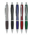 A set of five metal pens in black, blue, red, green, and purple, featuring a grip and a logo.