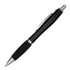 A black metal pen with a glossy finish and silver accents, featuring a rubber grip and a clip for easy carrying.