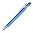 A blue aluminum pen with a textured grip, featuring a silver clip and a stylus tip.
