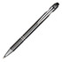 A metal pen in a sleek grey aluminium design with a textured grip and a clip, featuring a logo.
