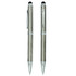 Two metal pens with a sleek silver and grey finish, one featuring a stylus tip and a clip. Each pen has a logo.