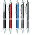 A collection of metal pens in black, red, blue, grey, and silver, each featuring a clip and a logo.