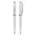 A pair of white metal ball pens with chrome accents, featuring a textured grip and a clip for easy attachment.
