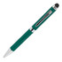 A metal pen with a green body, silver accents, and a touch screen stylus. It features a logo.