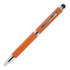 An orange metal pen with a chrome clip and a touchscreen stylus tip at one end.