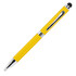 A yellow metal pen with chrome accents and a stylus tip, featuring a clip and a branding logo.