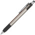 A stylus pen in silver and black with a smooth finish and a rubber grip. It features a clip and a logo.