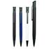 Four metal pens in black, blue, and white, featuring designs with clips and varying finishes.
