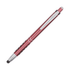 A metal pen in a red colour with a silver clip and a textured black grip.