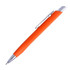 An orange metal pen with a shiny silver clip and trim, featuring a smooth, modern design.