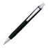 A black metal pen with a sleek design and a chrome clip, featuring a logo on the body.