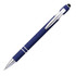 A stylus pen in navy blue with a metallic silver clip and trim, featuring a branding logo.
