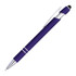 A purple stylus pen with a matte finish and a shiny silver clip and accents. It has a branding logo.
