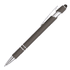 A stylus pen in dark grey aluminium with a silver clip and tip, featuring a branding logo.