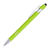 A lime green aluminium stylus pen with a silver clip and tip, featuring a smooth finish and a logo.