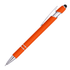 An orange aluminium stylus pen with a silver clip and tip. Features a sleek design and a logo.