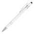 A stylus pen made of aluminium, featuring a white body and silver accents, with a logo on the top.