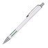 A white metal pen with silver accents and a green design element. It features a clip and a branding logo.