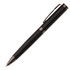 A metal pen in black with a textured grip and a sleek, chrome clip. The pen features a branding logo.