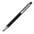 A black stylus pen with a blue accent and a textured tip, featuring a clip and a logo.
