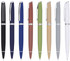 A collection of Basalt pens in black, dark blue, green, brown, beige, grey, and white, featuring a metallic finish and branding.