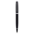 A sleek black metal pen with chrome accents and a glossy finish, featuring a branding logo.