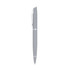 A grey metal pen with a sleek design and chrome accents, featuring a logo on its surface.