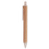 A natural bamboo pen featuring a sleek design and a clip, with a light wood finish. It has a branding logo.