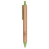 A bamboo pen with a green clip and tip, featuring a textured design and logo branding.