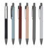 A collection of six metal pens in black, light blue, burgundy, pale pink, grey, and white, each featuring a logo.