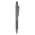 A metal pen in a sleek grey design with a shiny silver tip and clip. It features a textured grip for comfort.
