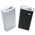 A silver and black 4000 mAh power bank featuring USB ports and an LED indicator. The product has a sleek design.
