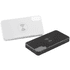 A black and white powerbank with a wireless charging feature and a logo on the surface.
