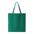 A green non-woven tote bag with two handles and a blank surface, featuring a logo.