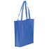 A blue tote bag with two shoulder straps and a branding logo on one side.