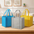 A set of three tote bags in blue, grey, and yellow, featuring sturdy handles and a simple design.